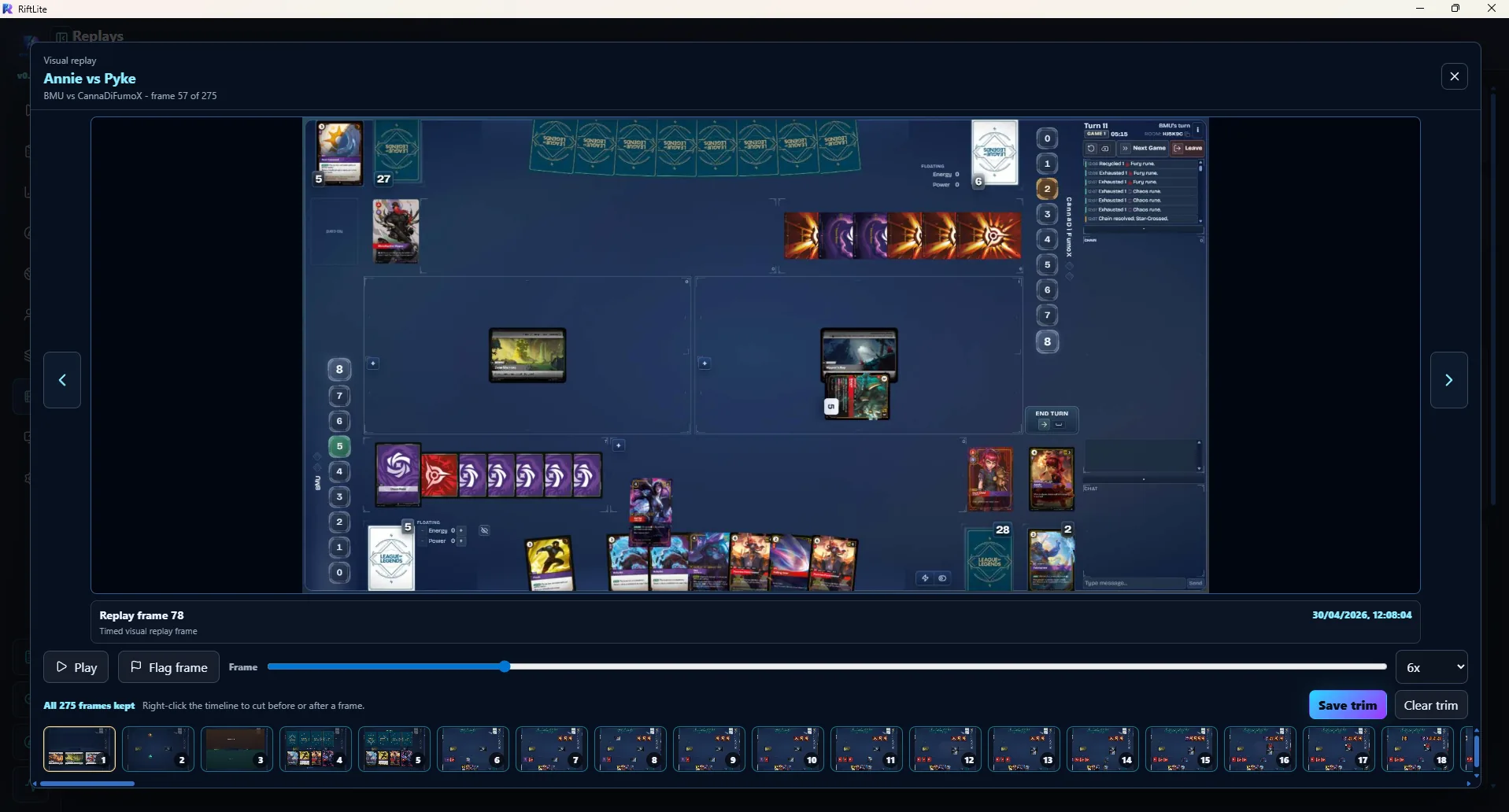 RiftLite visual replay viewer showing a saved match timeline